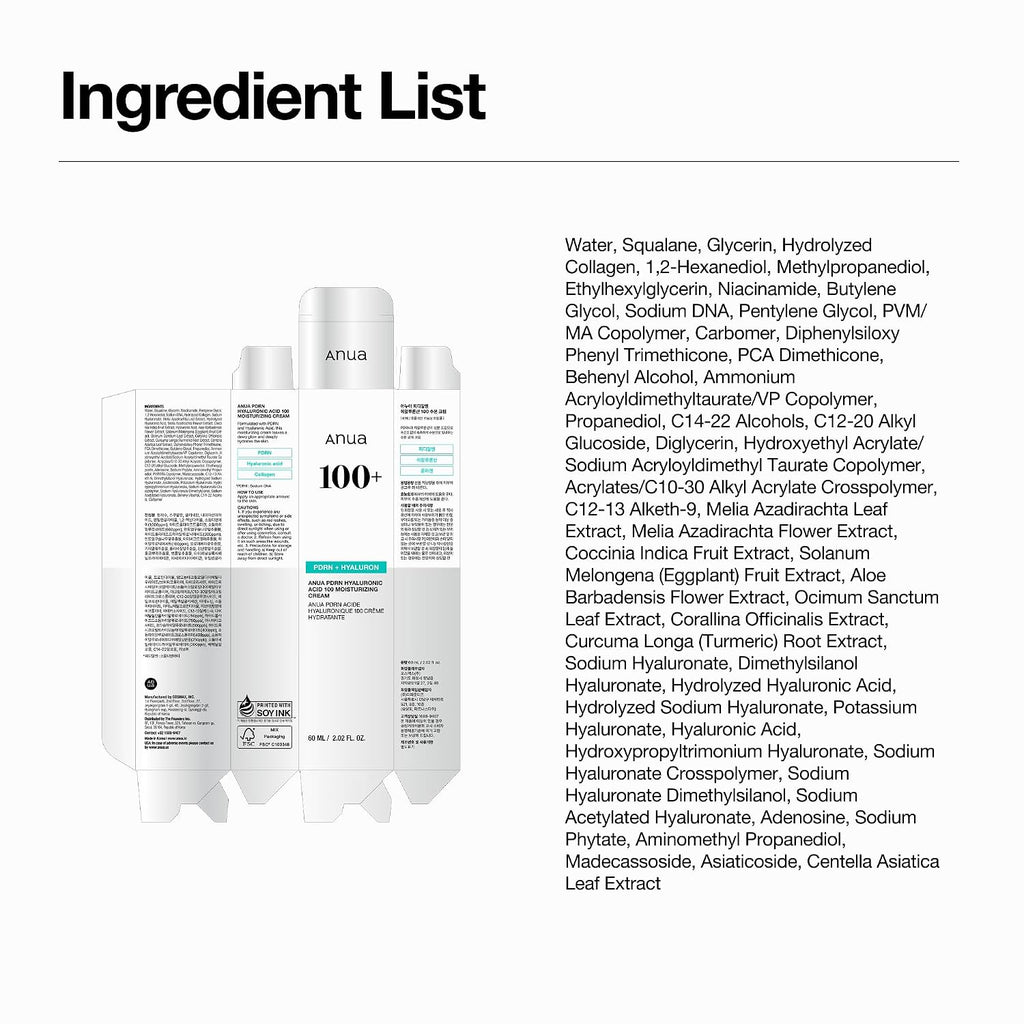 ANUA PDRN Hyaluronic Acid 100 Moisturizing Cream, 2.02 fl oz