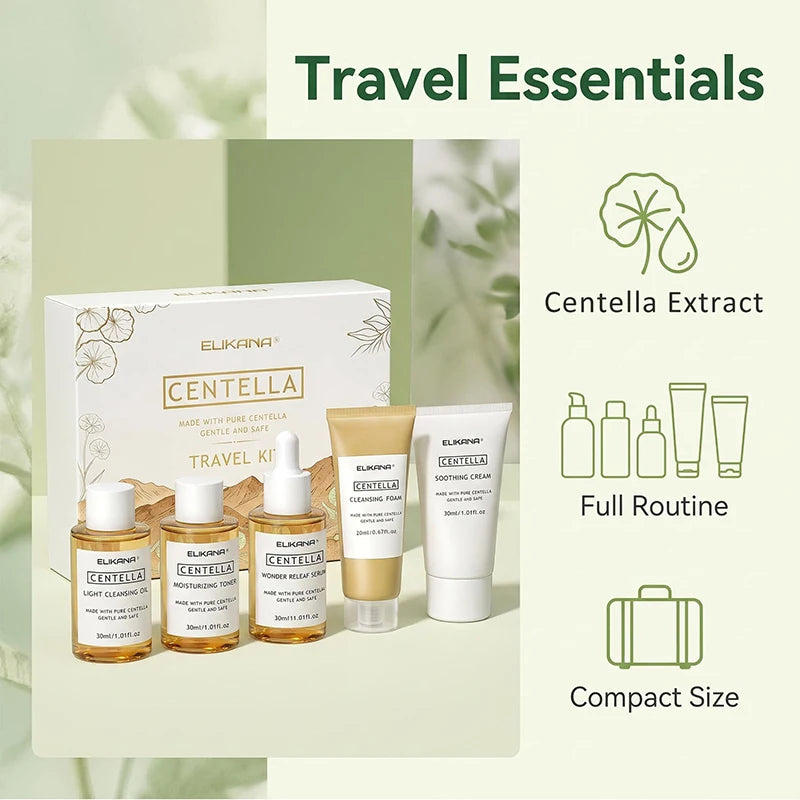 Centella Asiatica Travel Face Skin Care Kit: Serum,Cleansing Oil,Moisturizing Toner,Cleaner Foam,Soothing Cream,Skincare Set
