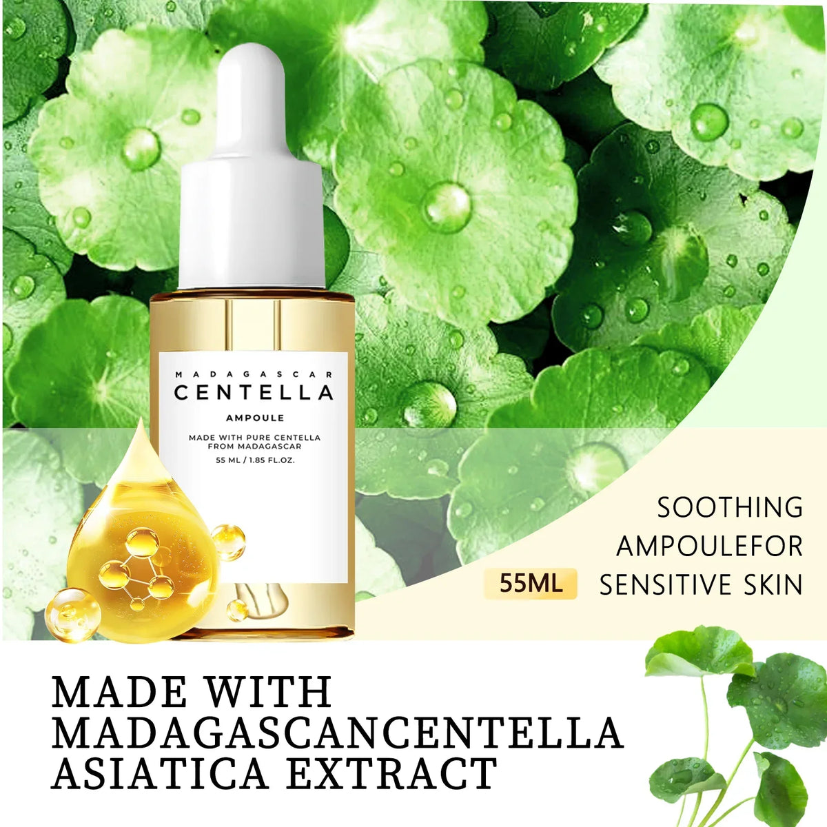 Madagascar Centella Asiatica Serum 55ml - Sensitive Skin Soothing Formula with Acne Fighting, Deep Moisturizing Benefits for Fac