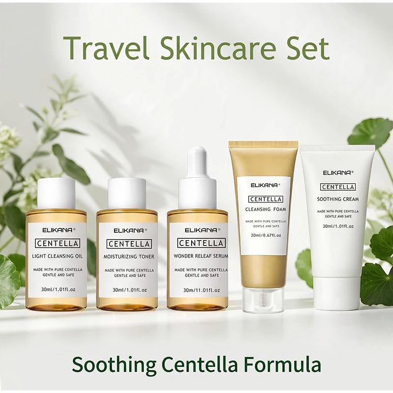 Centella Asiatica Travel Face Skin Care Kit: Serum,Cleansing Oil,Moisturizing Toner,Cleaner Foam,Soothing Cream,Skincare Set