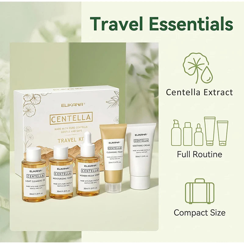 Centella Asiatica Travel Face Skin Care Kit: Serum,Cleansing Oil,Moisturizing Toner,Cleaner Foam,Soothing Cream,Skincare Set