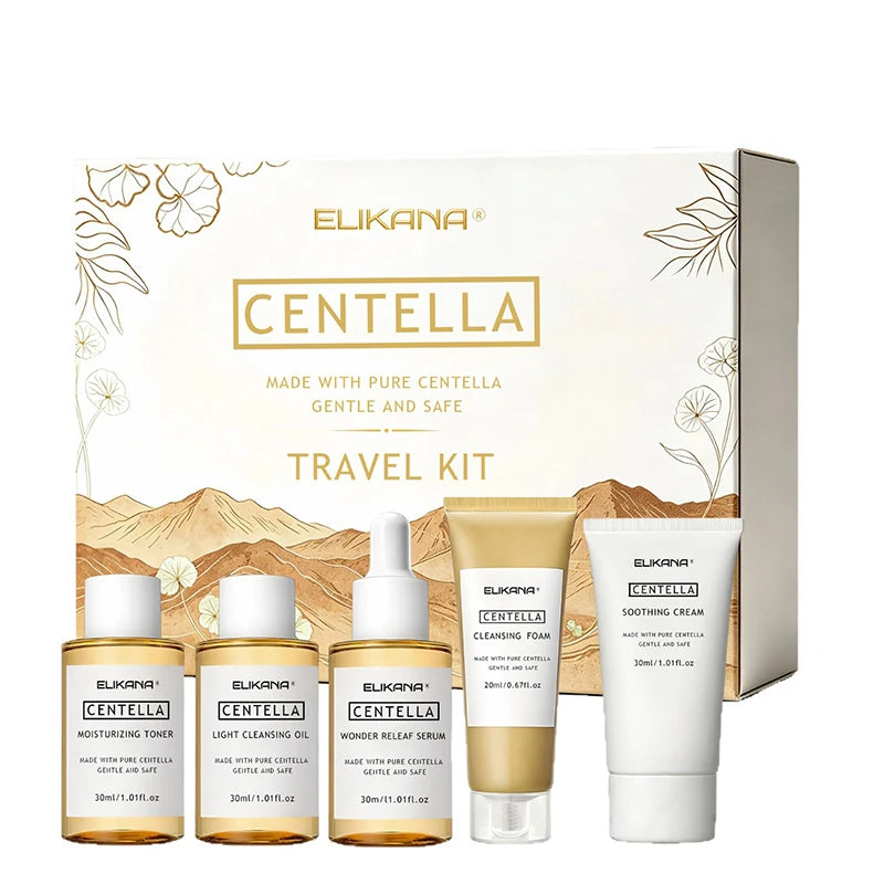 Centella Asiatica Travel Face Skin Care Kit: Serum,Cleansing Oil,Moisturizing Toner,Cleaner Foam,Soothing Cream,Skincare Set