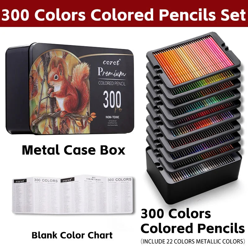 300 Colors Colored Pencils Metallic Set with Tin Case for Adult Coloring,Artists Soft Core for Drawing,Sketching,Shading,Blend