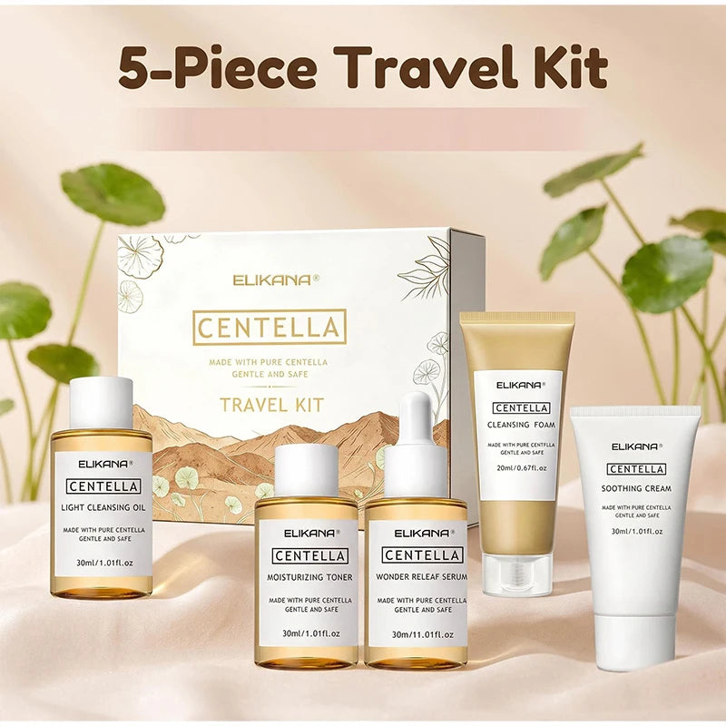 Centella Asiatica Travel Face Skin Care Kit: Serum,Cleansing Oil,Moisturizing Toner,Cleaner Foam,Soothing Cream,Skincare Set