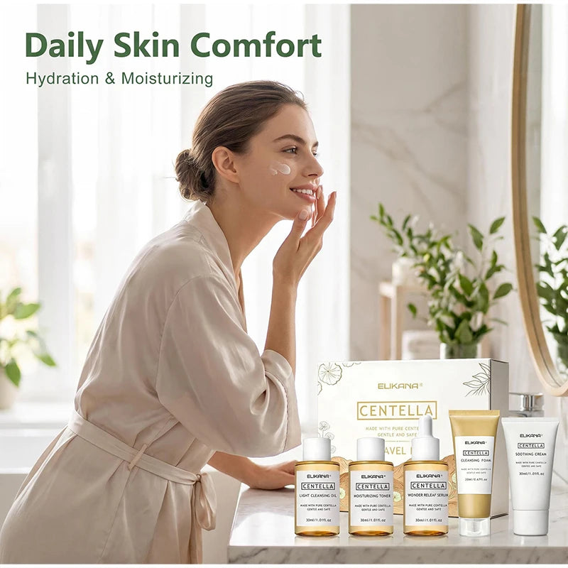 Centella Asiatica Travel Face Skin Care Kit: Serum,Cleansing Oil,Moisturizing Toner,Cleaner Foam,Soothing Cream,Skincare Set