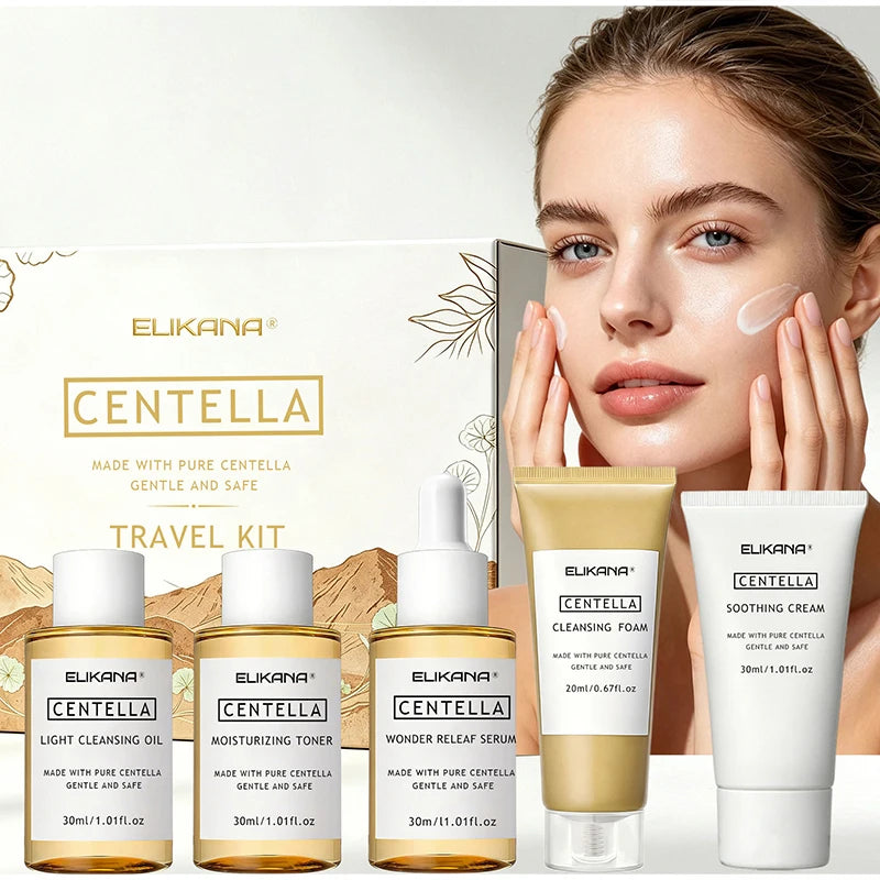 Centella Asiatica Travel Face Skin Care Kit: Serum,Cleansing Oil,Moisturizing Toner,Cleaner Foam,Soothing Cream,Skincare Set