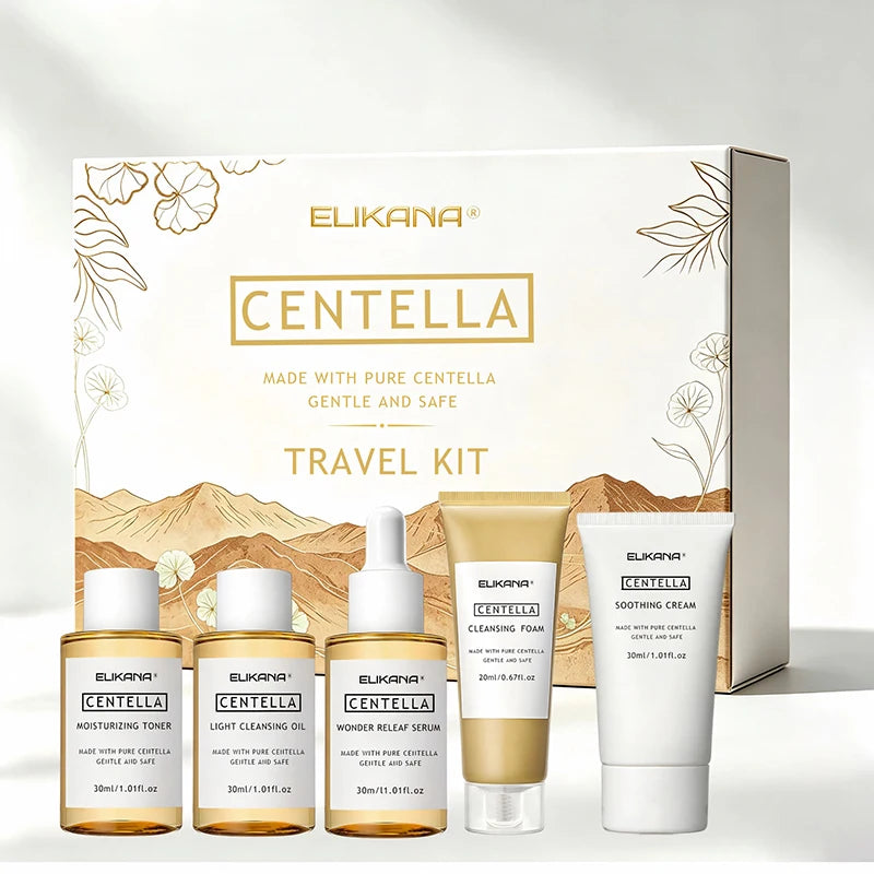 Centella Asiatica Travel Face Skin Care Kit: Serum,Cleansing Oil,Moisturizing Toner,Cleaner Foam,Soothing Cream,Skincare Set